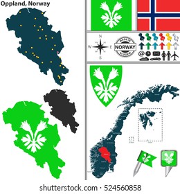 Vector map of county Oppland with coat of arms and location on Norwegian map