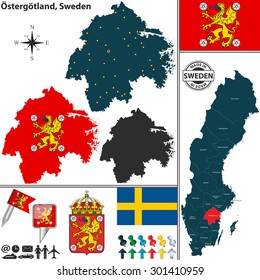 Vector map of county Ostergotland with coat of arms and location on Sweden map