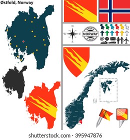 Vector map of county Ostfold with coat of arms and location on Norwegian map