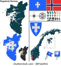 Vector map of county Rogaland with coat of arms and location on Norwegian map