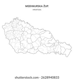 Mapa vetorial do condado de Međimurje (Međimurska Županija) com assentamentos (Naselja) e cidades, cidades (Gradovi) e municípios (Općine) - Croácia 2025