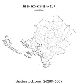 Mapa vetorial de Šibenik-Knin County (Šibensko-Kninska Županija) com Assentamentos (Naselja), e Cidades, Cidades (Gradovi) e Municípios (Općine) - Croácia 2025