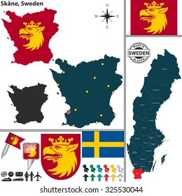 Vector map of county Skane with coat of arms and location on Sweden map