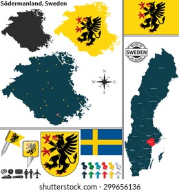 Vector map of county Sodermanland with coat of arms and location on Sweden map