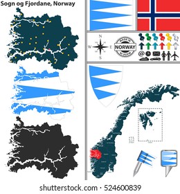 Vector map of county Sogn og Fjordane with coat of arms and location on Norwegian map