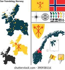 Vector map of county Sor-Trondelag with coat of arms and location on Norwegian map