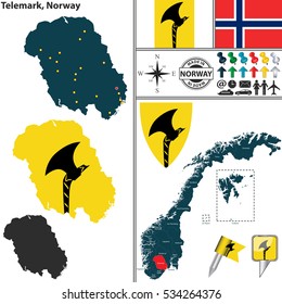 Vector map of county Telemark with coat of arms and location on Norwegian map