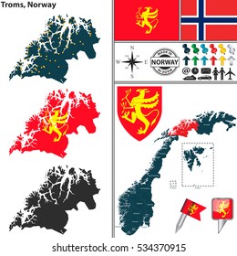 Vector map of county Troms with coat of arms and location on Norwegian map