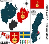 Vector map of county Uppsala with coat of arms and location on Sweden map