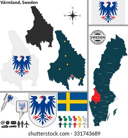 Vector map of county Varmland with coat of arms and location on Sweden map