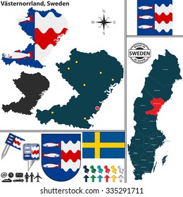 Vector map of county Vasternorrland with coat of arms and location on Sweden map