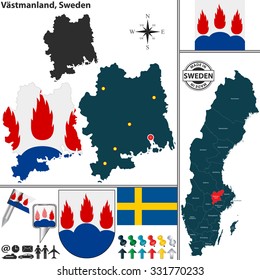 Vector map of county Vastmanland with coat of arms and location on Sweden map