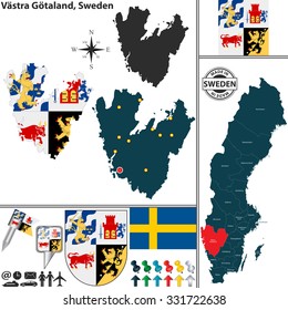 Vector map of county Vastra Gotaland with coat of arms and location on Sweden map