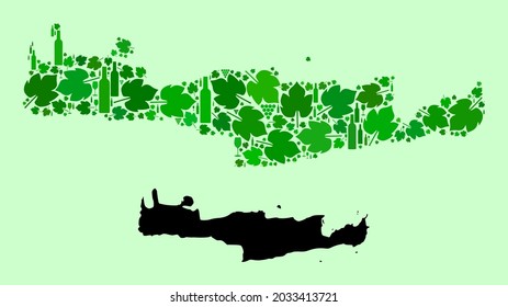 Vector Map of Crete Island. Mosaic of green grape leaves, wine bottles. Map of Crete Island mosaic designed with bottles, berries, green leaves. Abstract mosaic is designed for marketing posters.