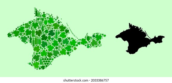 Vector Map of Crimea. Collage of green grape leaves, wine bottles. Map of Crimea collage formed from bottles, berries, green leaves. Abstract collage designed for alcohol shops posters.