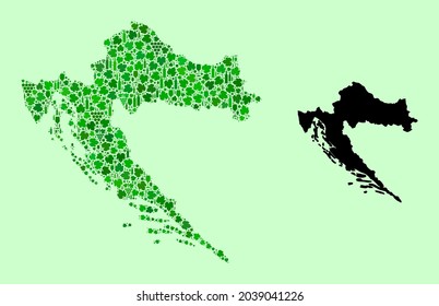 Vector Map of Croatia. Collage of green grape leaves, wine bottles. Map of Croatia collage created with bottles, berries, green leaves. Abstract collage useful for alcohol shops illustrations.