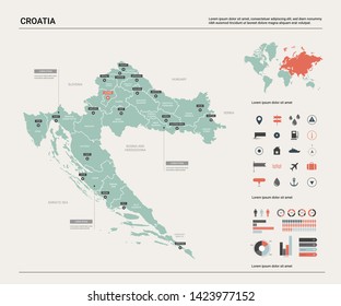 Vector map of Croatia. Country map with division, cities and capital Zagreb. Political map,  world map, infographic elements.  