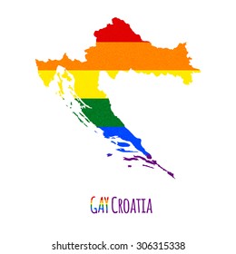 Vector map of Croatia in LGBT (lesbian, gay, bisexual, and transgender) flag colors and GAY Croatia caption on white background. Rainbow flag with denim textile texture.