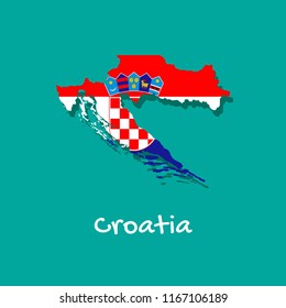 Vector map of Croatia painted in the colors of the flag. The country's borders with shadow. Isolated vector illustration.