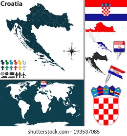 Vector map of Croatia with regions, coat of arms and location on world map