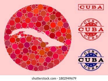 Vector map of Cuba collage of circle elements and red rubber seal. Hole round map of Cuba collage composed with circles in variable sizes, and red color tones.