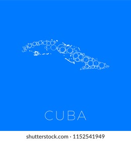 vector map of cuba filled with white circles of different sizes and degrees of transparency on blue background