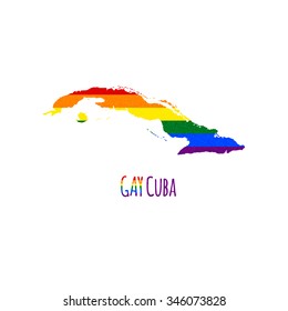 Vector map of Cuba in LGBT (lesbian, gay, bisexual, and transgender) flag colors and GAY Cuba caption on white background. Rainbow flag with denim textile texture.