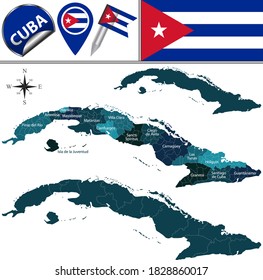 Vector map of Cuba with named provinces and travel icons