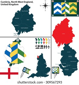 Vector map of Cumbria in North West England, United Kingdom with regions and flags