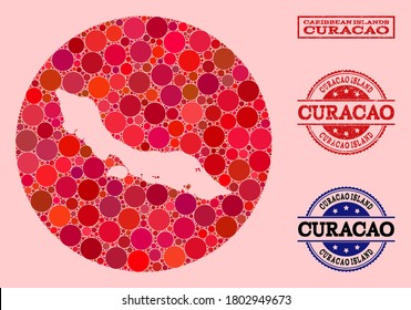 Mapa vectorial del collage de elementos redondos en la isla de Curacao y sello de sellado de grano rojo. Mapa redondo de resta del collage de la isla Curacao compuesto por círculos de tamaños variables y tonos de color rojo.