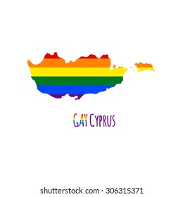Vector map of Cyprus in LGBT (lesbian, gay, bisexual, and transgender) flag colors and GAY Cyprus caption on white background. Rainbow flag with denim textile texture.