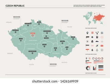 Vector map of Czech Republic. Country map with division, cities and capital Prague. Political map,  world map, infographic elements.  