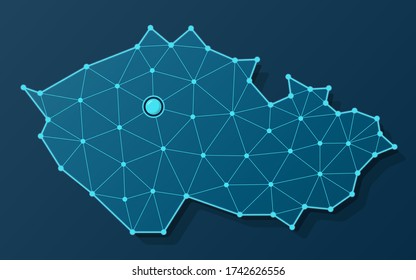 Mapa vectorial de la República Checa en diseño azul futurista con puntos conectados y ciudad capital de Praga