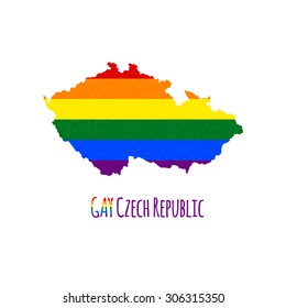 Vector map of Czech Republic in LGBT (lesbian, gay, bisexual, and transgender) flag colors and GAY Czech Republic caption on white background. Rainbow flag with denim textile texture.