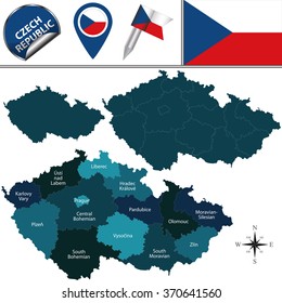 Vector map of Czech Republic with named regions and travel icons.