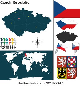 Vector map of Czech Republic with regions, coat of arms and location on world map
