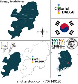 Vector map of Daegu - Metropolitan City with flags and location on South Korean map