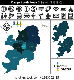 Vector map of Daegu, South Korea with named districts and travel icons. Districts are signed in original korean language