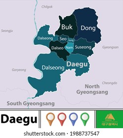 Vector map Daegu of in South Korea with districts, neighbouring cities and icons