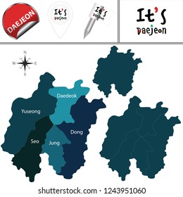 Vector map of Daejeon in South Korea with named districts and travel icons