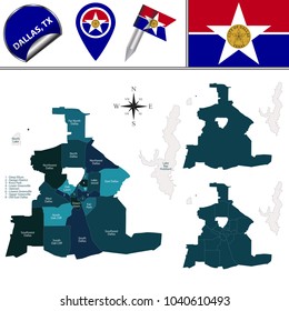 Vector Map Of Dallas With Named Neighborhoods And Travel Icons