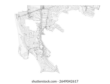 Vector map of Daly City, showing its detailed highway and street network. Urban infrastructure clearly depicted.