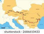 Vector Map of the Danube River Course from Source to the Black Sea with Countries and Major Cities