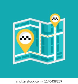 Vector map with dashed line GPS route and geolocation markers with taxi symbol. For taxi services.