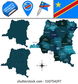 Vector map of Democratic Republic of the Congo with named provinces and travel icons