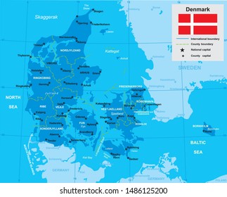 vector map of Denmark with borders of regions and flag in blue tones 