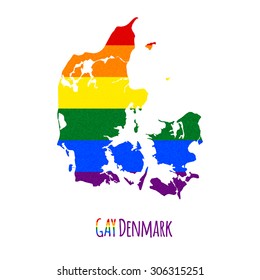 Vector map of Denmark in LGBT (lesbian, gay, bisexual, and transgender) flag colors and GAY Denmark caption on white background. Rainbow flag with denim textile texture.