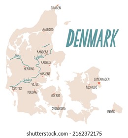 Vector map of Denmark with the main cities, rivers and capital.Touristic illustration with Denmark map. Isolated on white