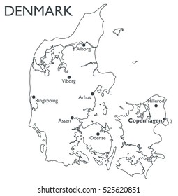 Vector map of Denmark | Monochrome contour map with city names