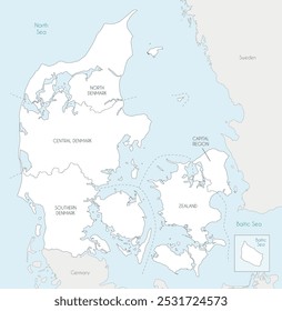 Vector map of Denmark with regions and administrative divisions, and neighbouring countries and territories. Editable and clearly labeled layers.